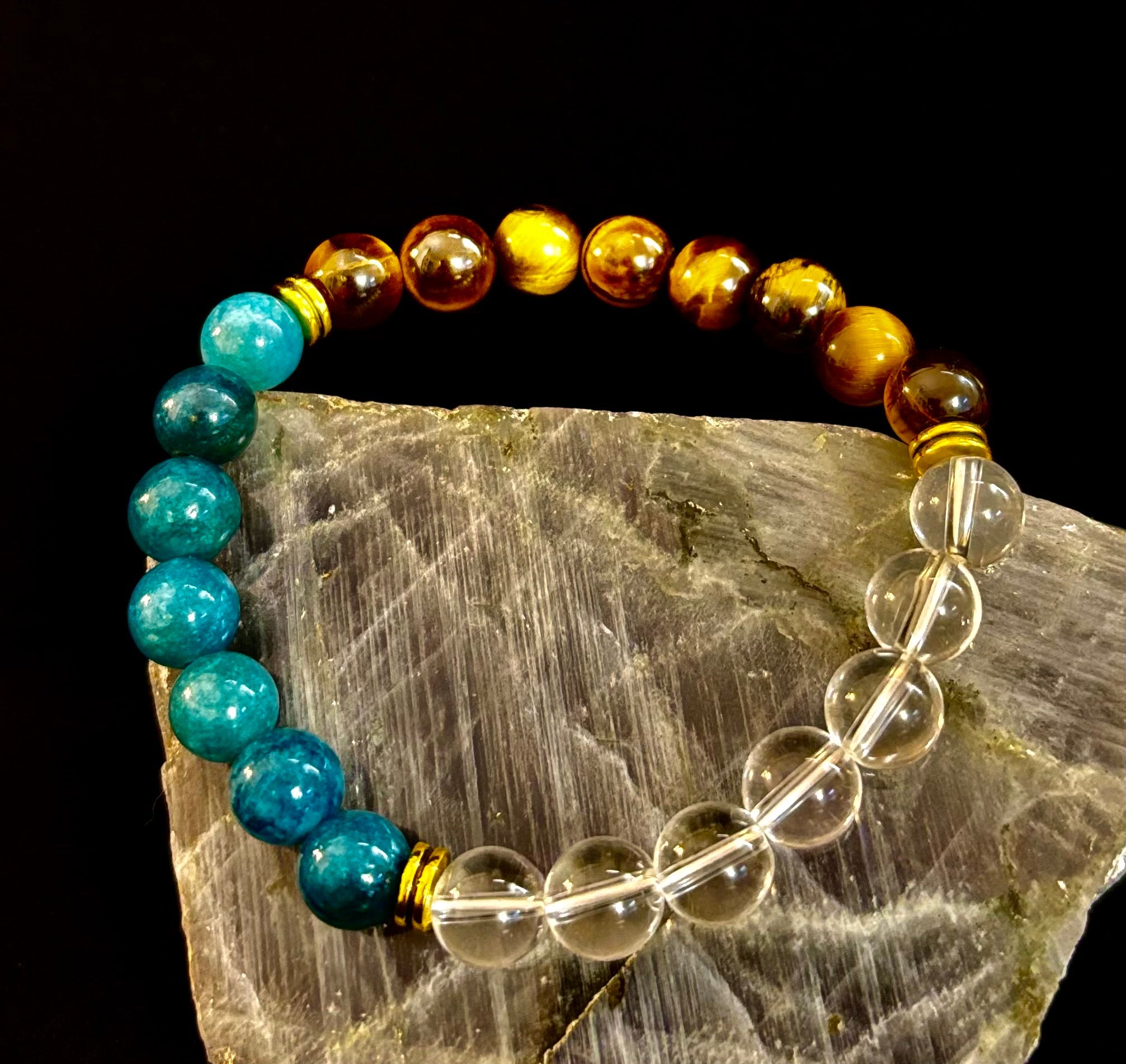 Weight Loss Support Intention Bracelet – Blue Apatite, Tiger Eye & Clear Quartz - Motivation, Willpower & Energy Balance