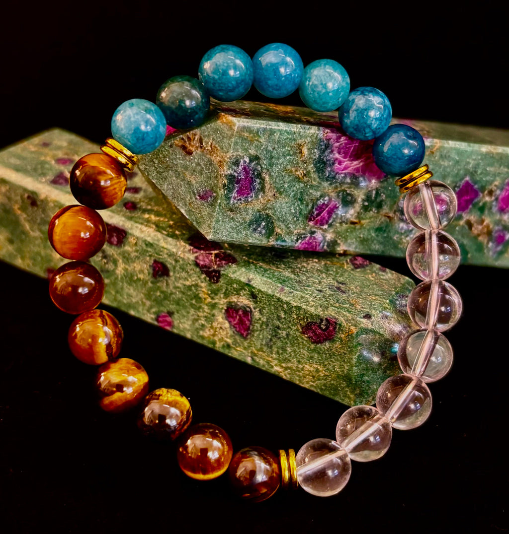 Weight Loss Support Intention Bracelet – Blue Apatite, Tiger Eye & Clear Quartz - Motivation, Willpower & Energy Balance