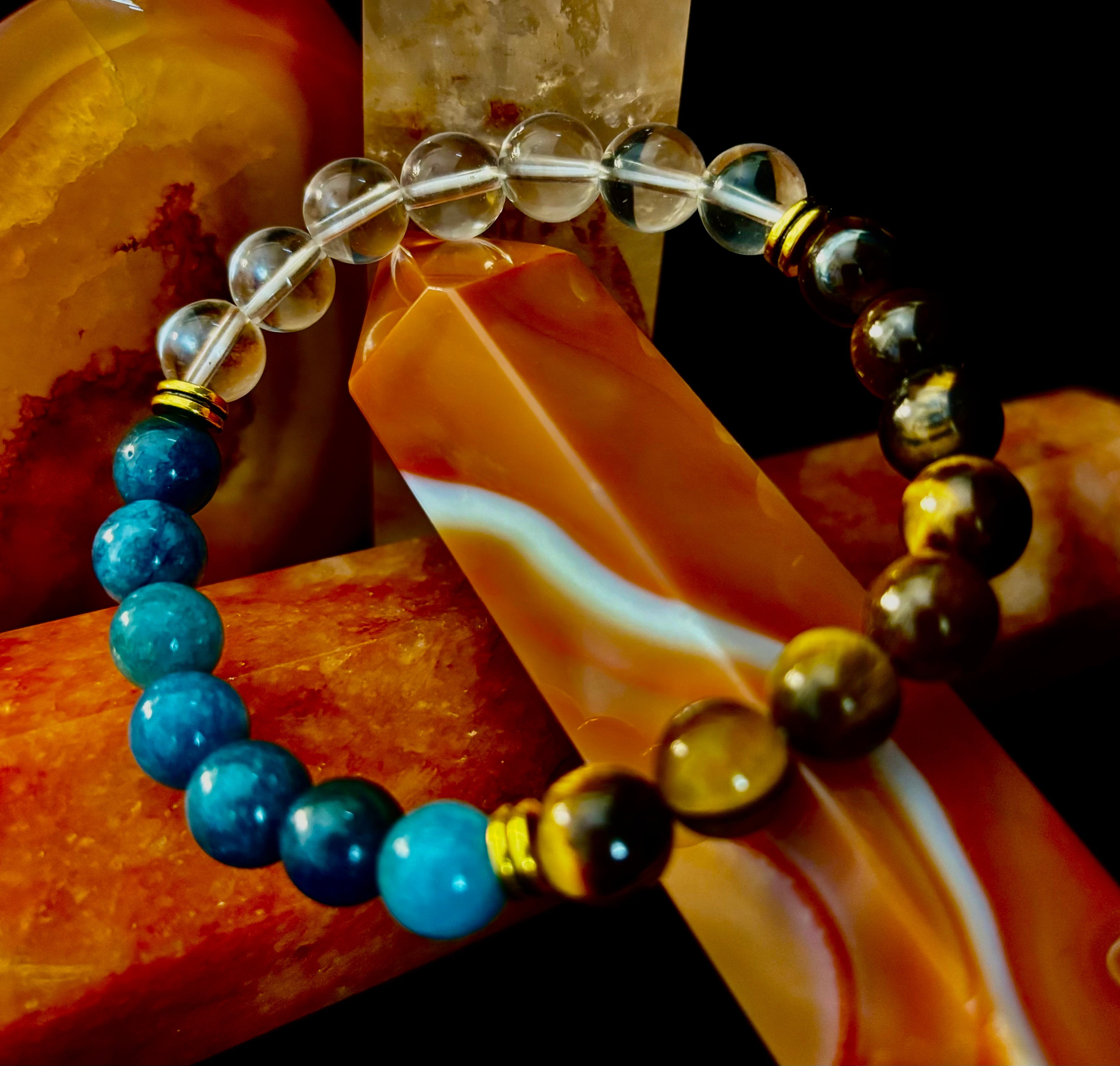 Weight Loss Support Intention Bracelet – Blue Apatite, Tiger Eye & Clear Quartz - Motivation, Willpower & Energy Balance
