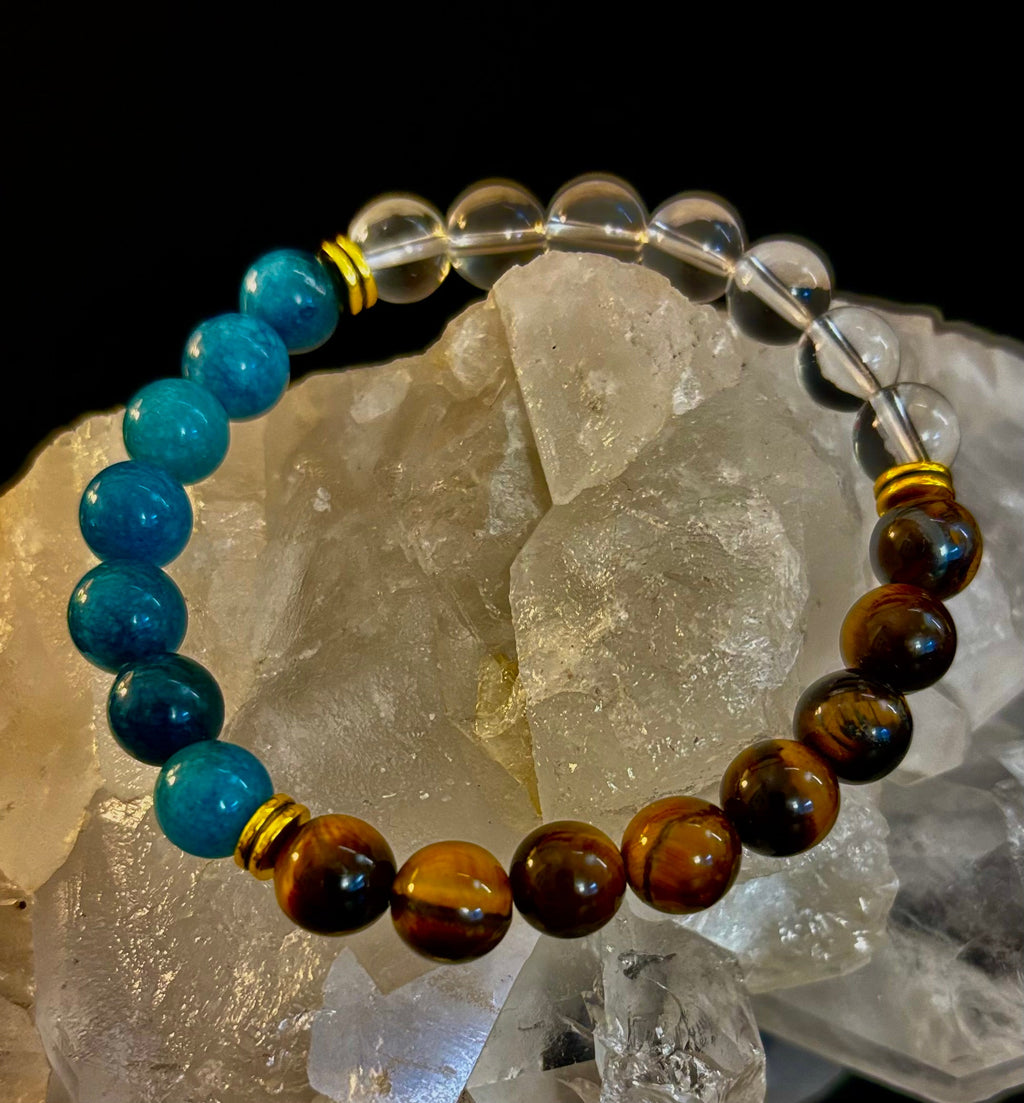 Weight Loss Support Intention Bracelet – Blue Apatite, Tiger Eye & Clear Quartz - Motivation, Willpower & Energy Balance