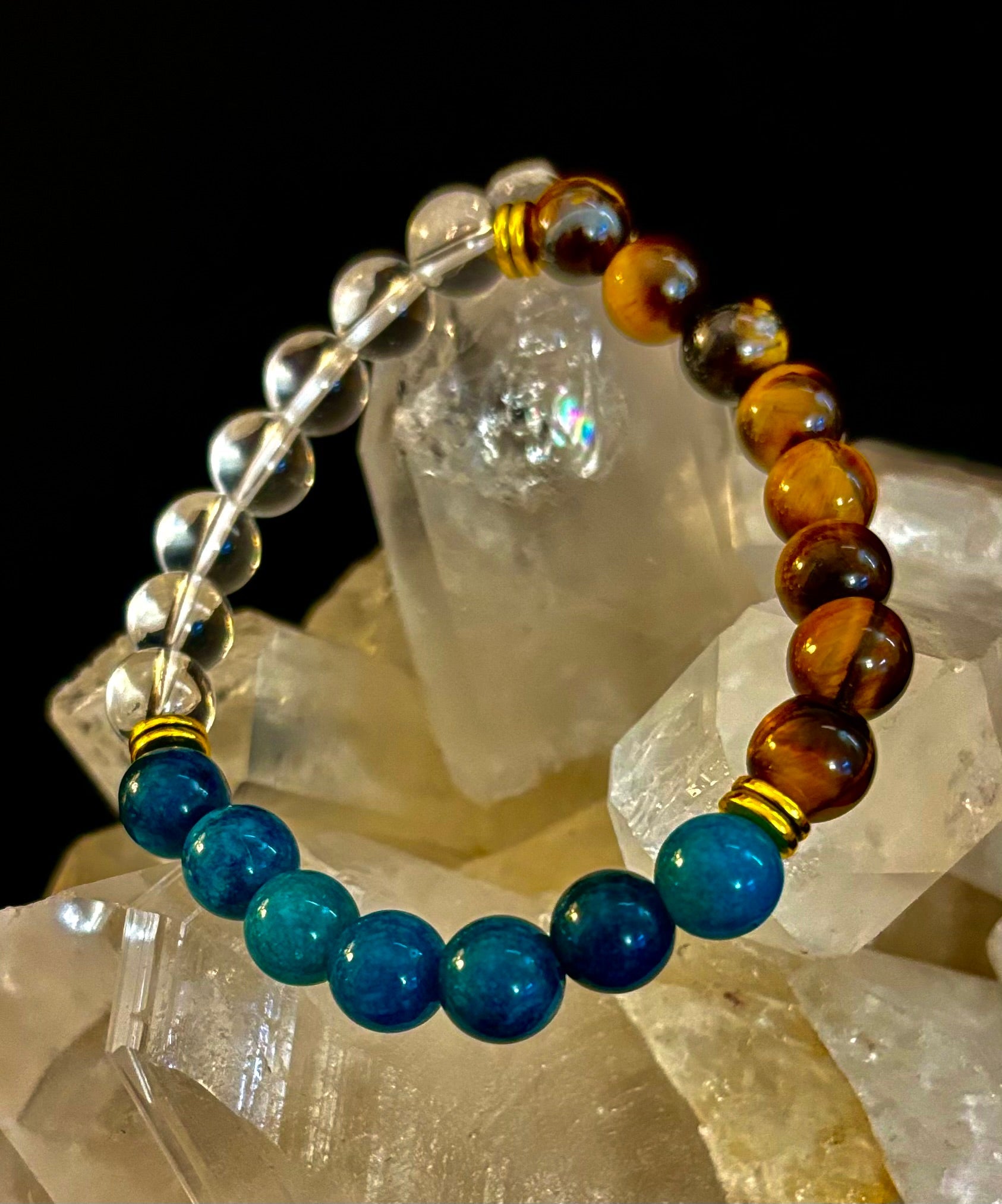 Weight Loss Support Intention Bracelet – Blue Apatite, Tiger Eye & Clear Quartz - Motivation, Willpower & Energy Balance