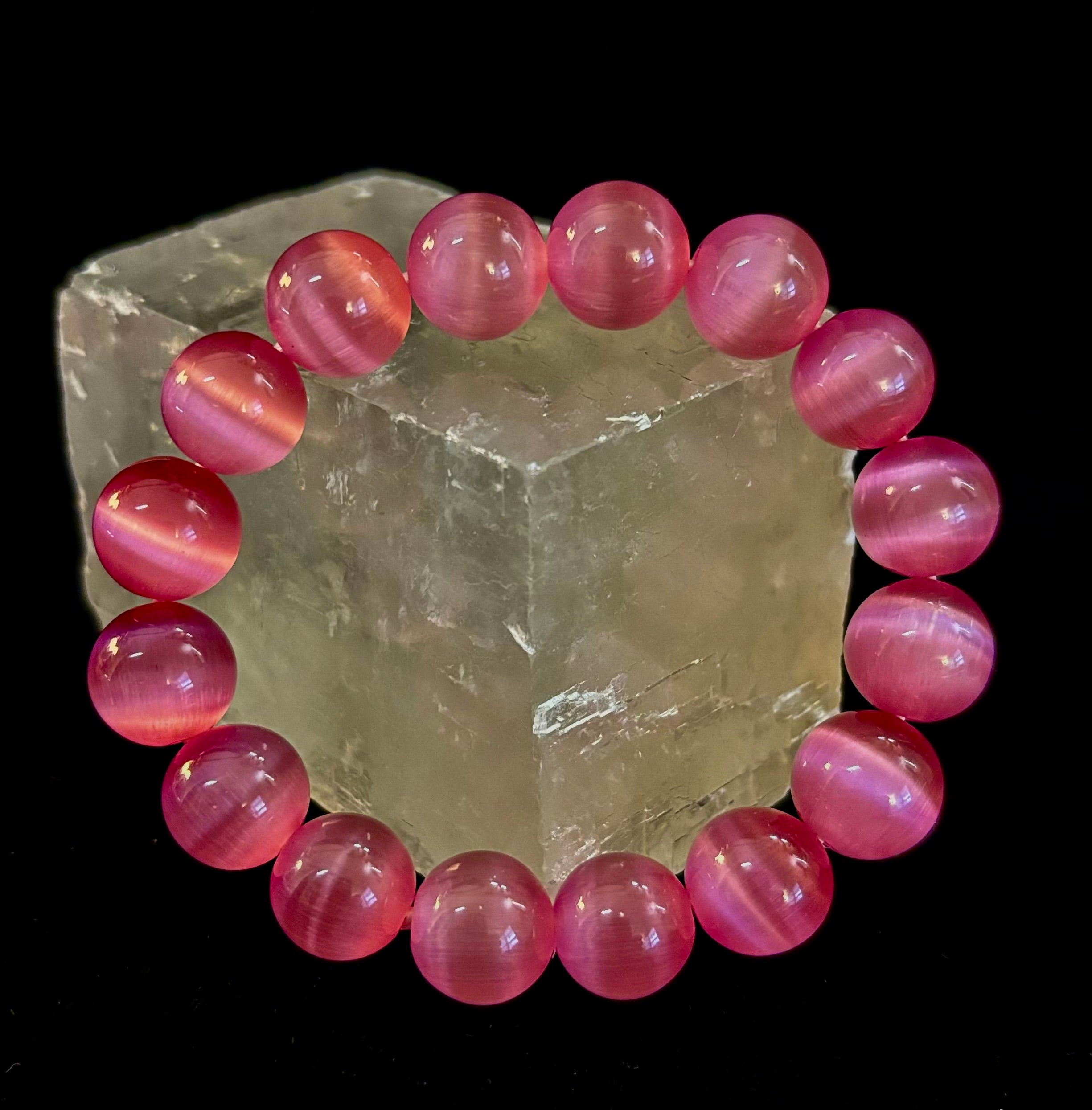 Pink Cat Eye Stone Bracelet (12mm Beads) – Bold Glow Statement Bracelet