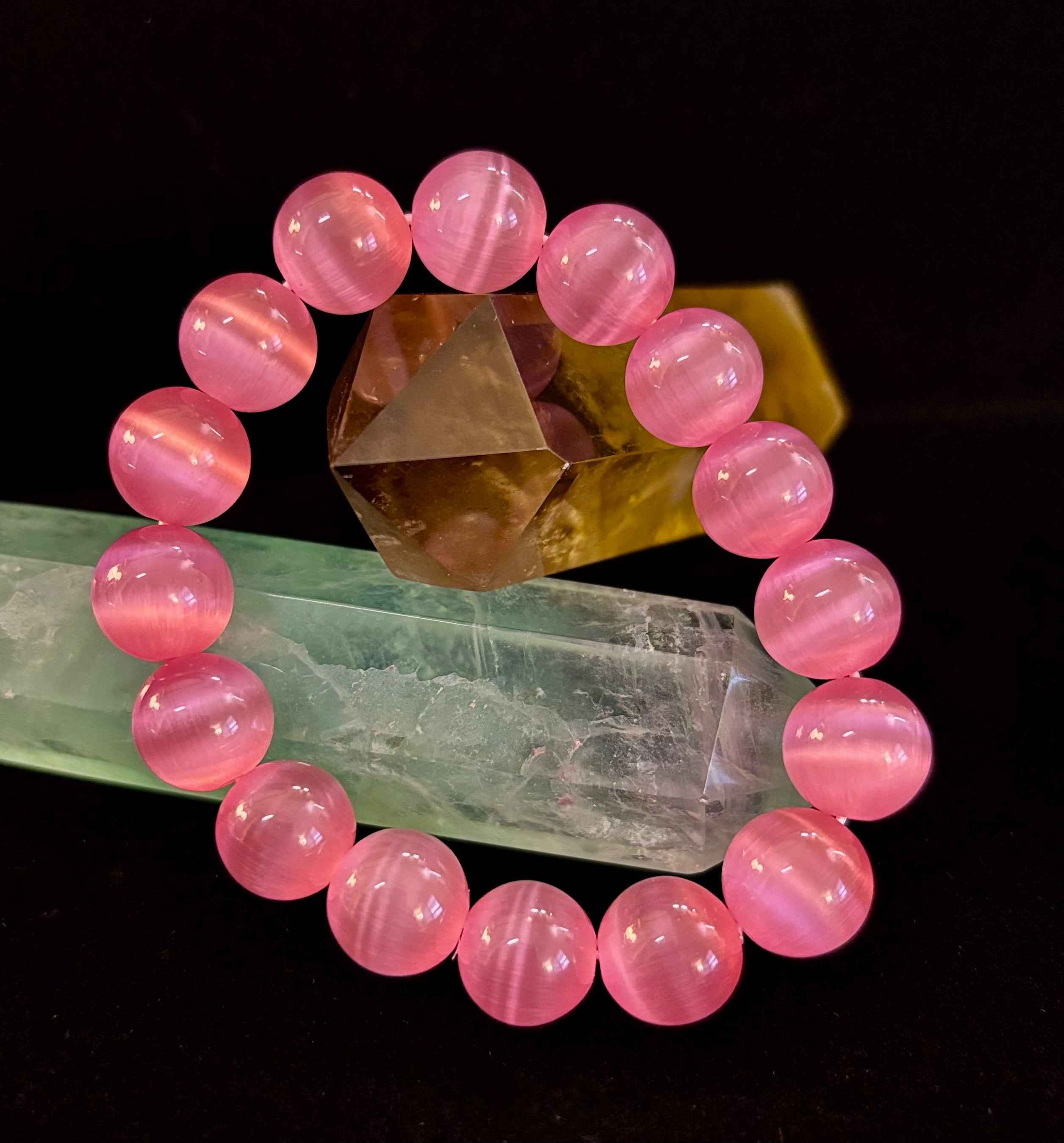 Pink Cat Eye Stone Bracelet (12mm Beads) – Bold Glow Statement Bracelet