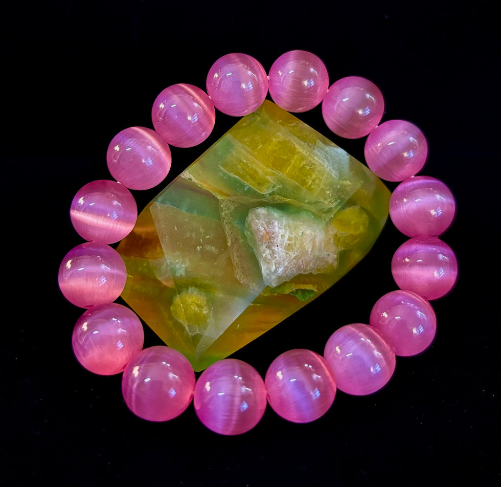Pink Cat Eye Stone Bracelet (12mm Beads) – Bold Glow Statement Bracelet