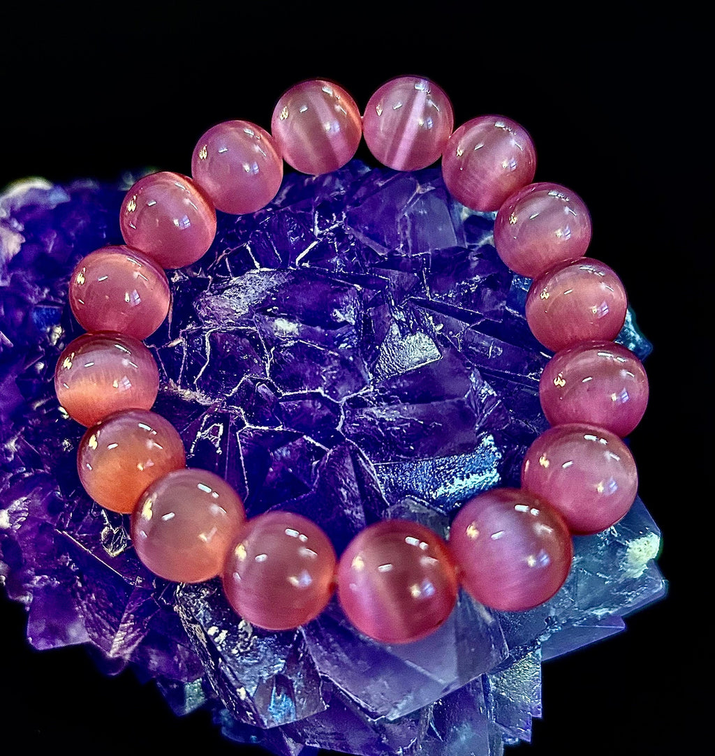 Pink Cat Eye Stone Bracelet (12mm Beads) – Bold Glow Statement Bracelet
