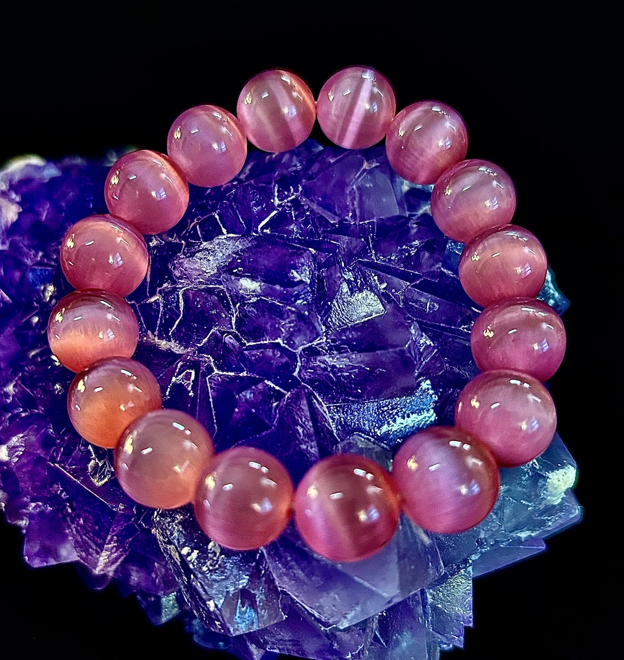Pink Cat Eye Stone Bracelet (12mm Beads) – Bold Glow Statement Bracelet