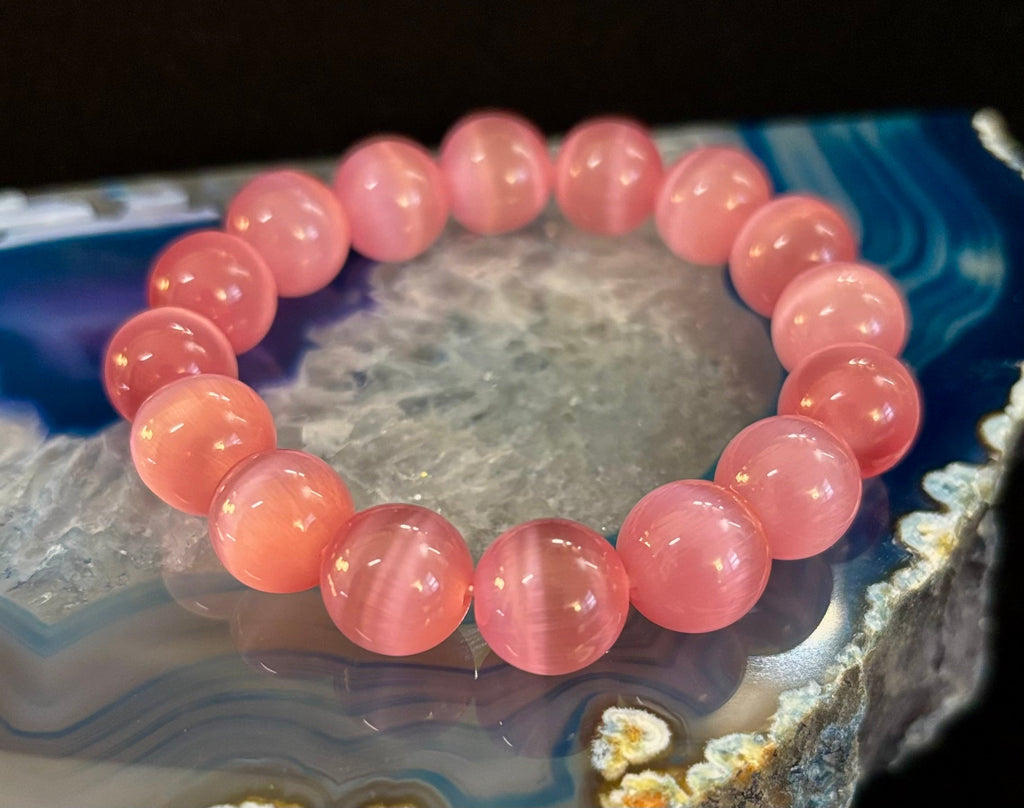 Pink Cat Eye Stone Bracelet (12mm Beads) – Bold Glow Statement Bracelet