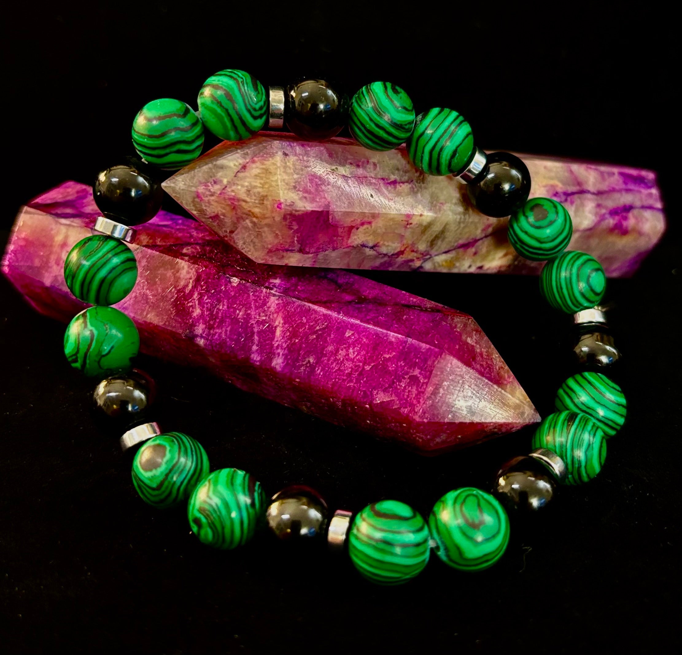 Deep Green Malachite and Black Onyx (7.5" - 8.5") Large and Extra Large Wrists