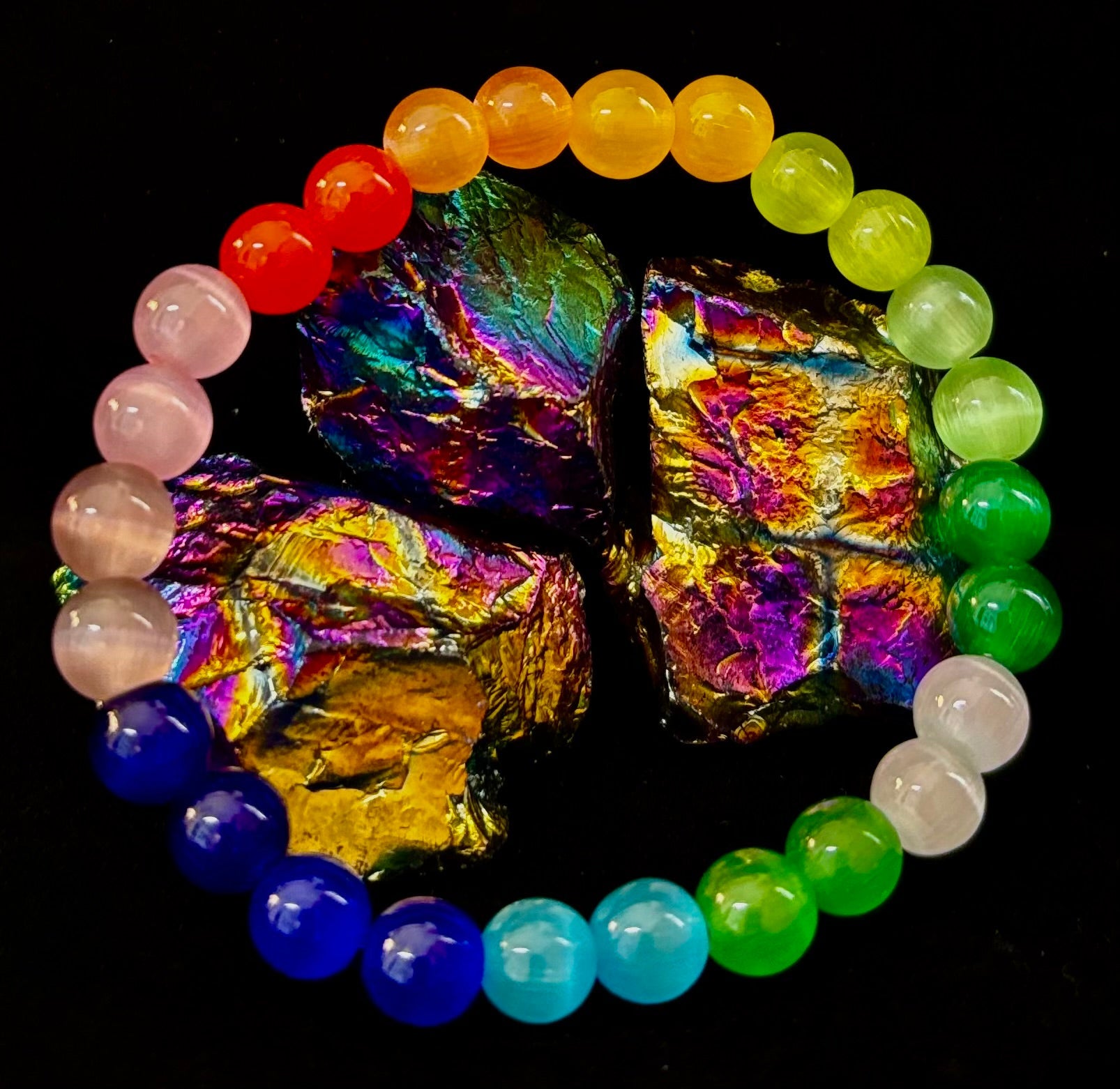 Rainbow Cat’s Eye Beaded Bracelet – Chakra Inspired Multicolor Bracelet | Pride Energy Jewelry