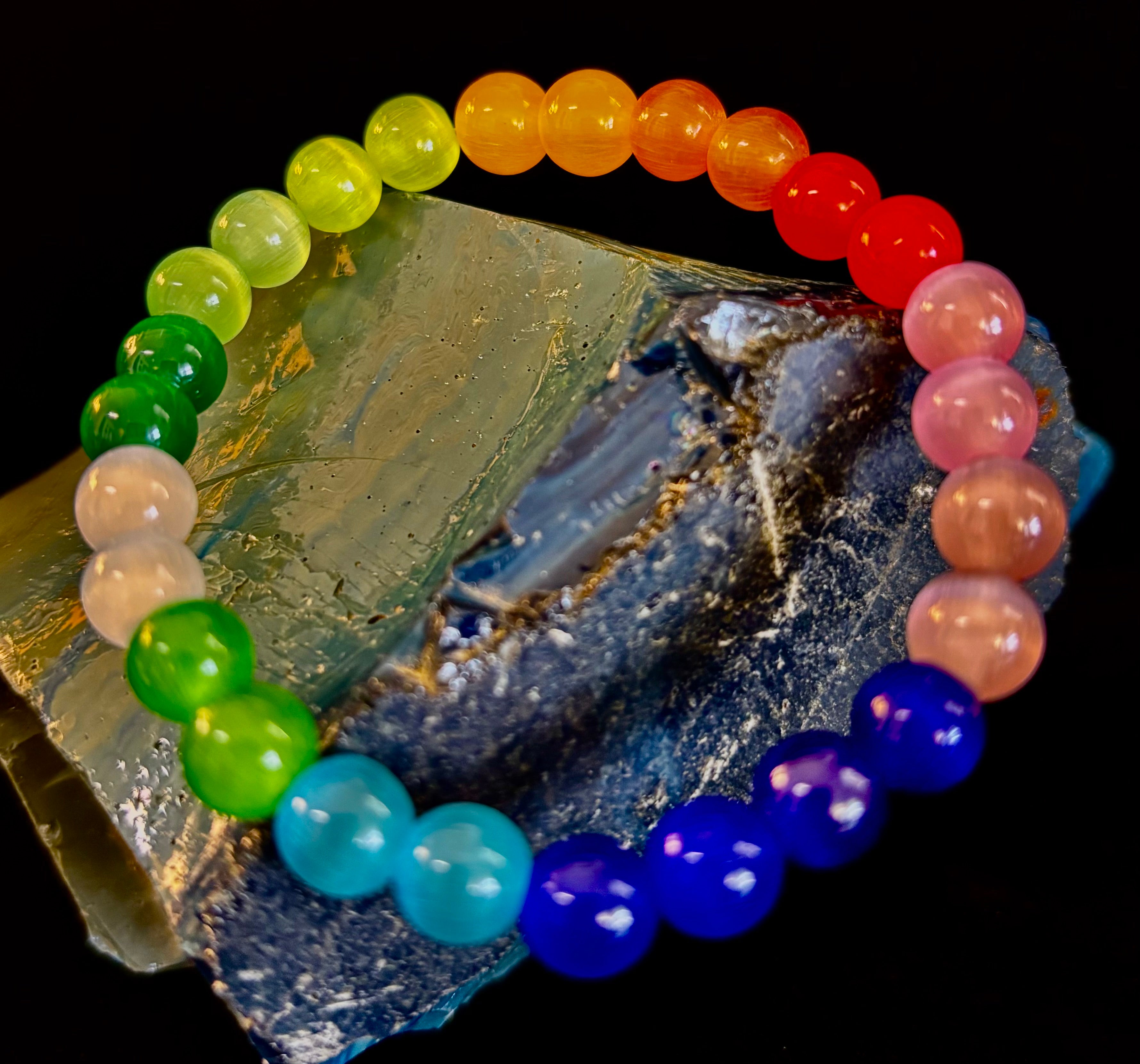 Rainbow Cat’s Eye Beaded Bracelet – Chakra Inspired Multicolor Bracelet | Pride Energy Jewelry