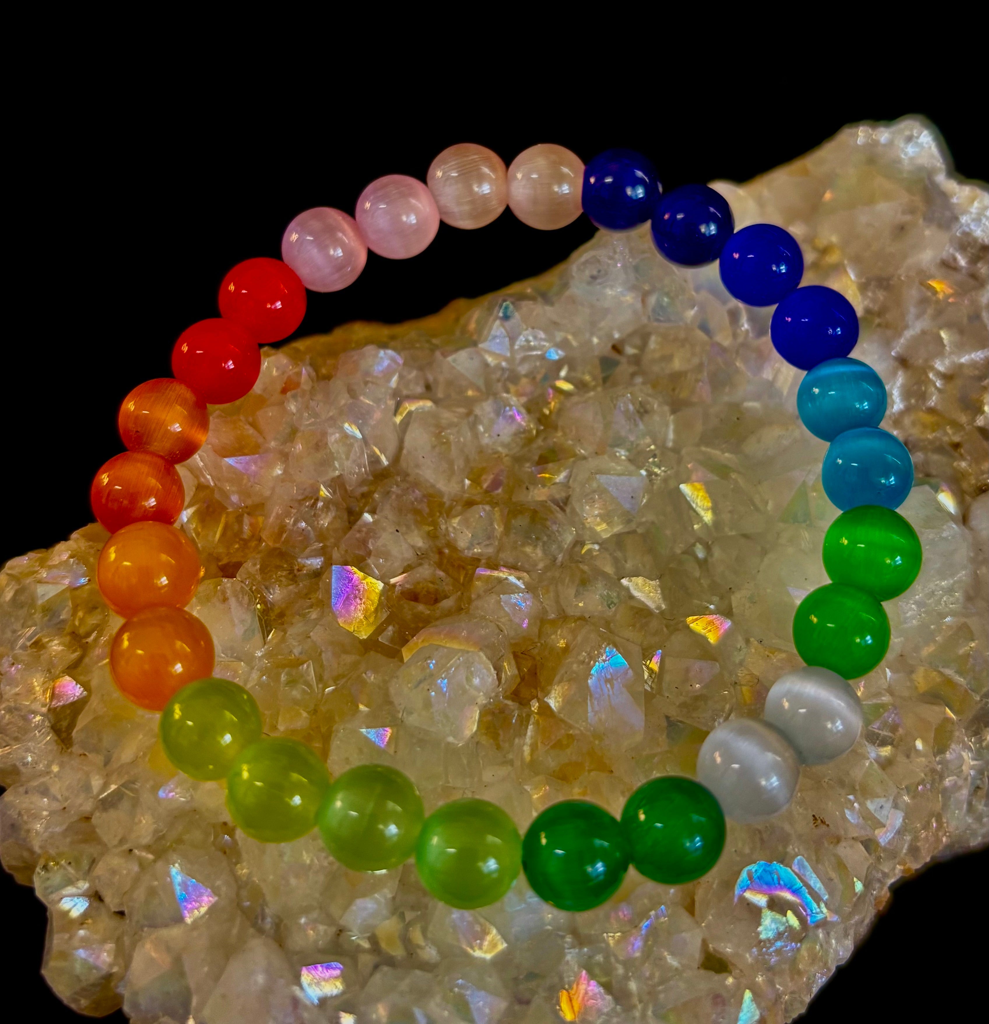 Rainbow Cat’s Eye Beaded Bracelet – Chakra Inspired Multicolor Bracelet | Pride Energy Jewelry