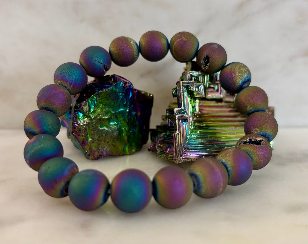 Peacock Rainbow Druzy Agate Bracelet – Titanium Coated 10mm Beads | Stretch Fit | Iridescent Statement Jewelry