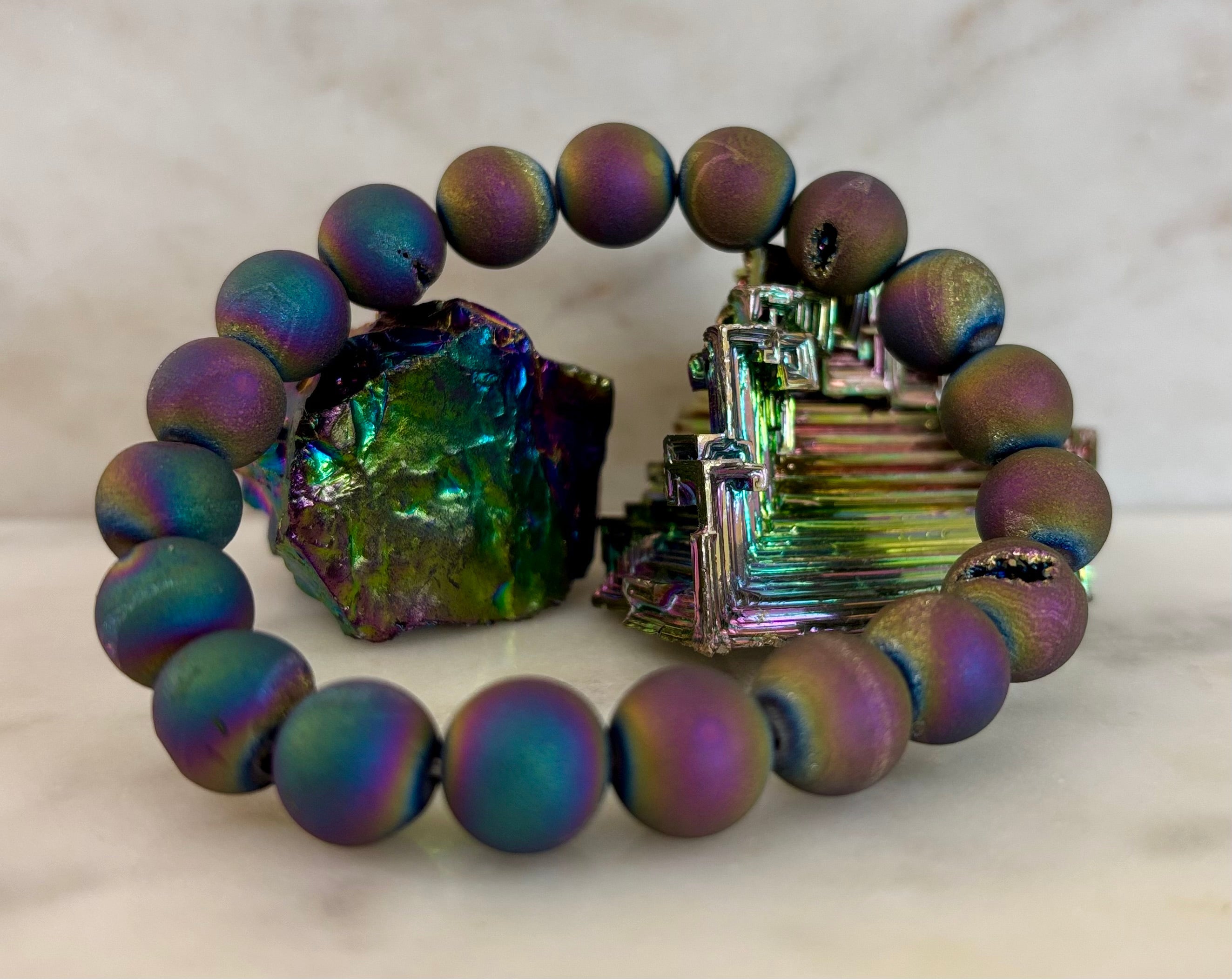 Peacock Rainbow Druzy Agate Bracelet – Titanium Coated 10mm Beads | Stretch Fit | Iridescent Statement Jewelry