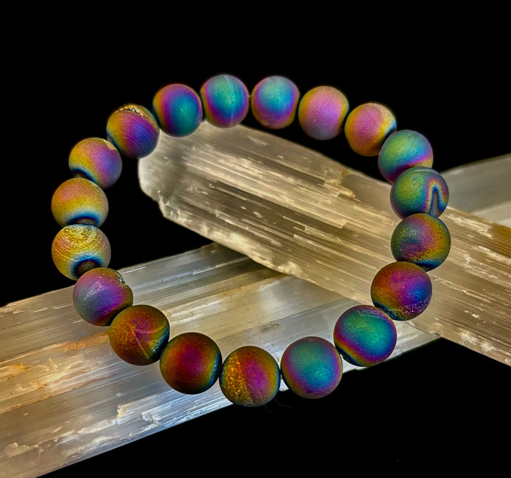 Peacock Rainbow Druzy Agate Bracelet – Titanium Coated 10mm Beads | Stretch Fit | Iridescent Statement Jewelry