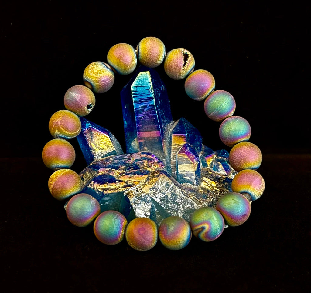 Peacock Rainbow Druzy Agate Bracelet – Titanium Coated 10mm Beads | Stretch Fit | Iridescent Statement Jewelry