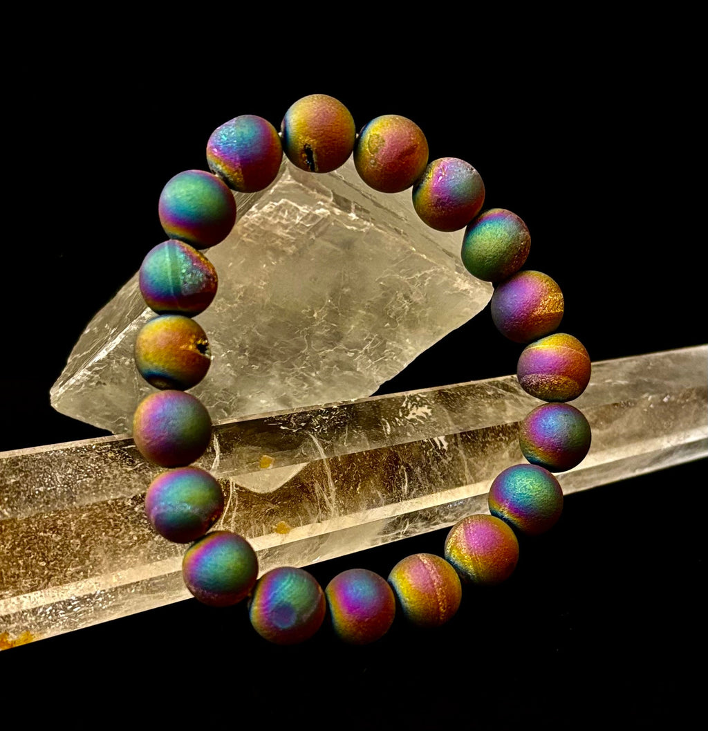 Peacock Rainbow Druzy Agate Bracelet – Titanium Coated 10mm Beads | Stretch Fit | Iridescent Statement Jewelry