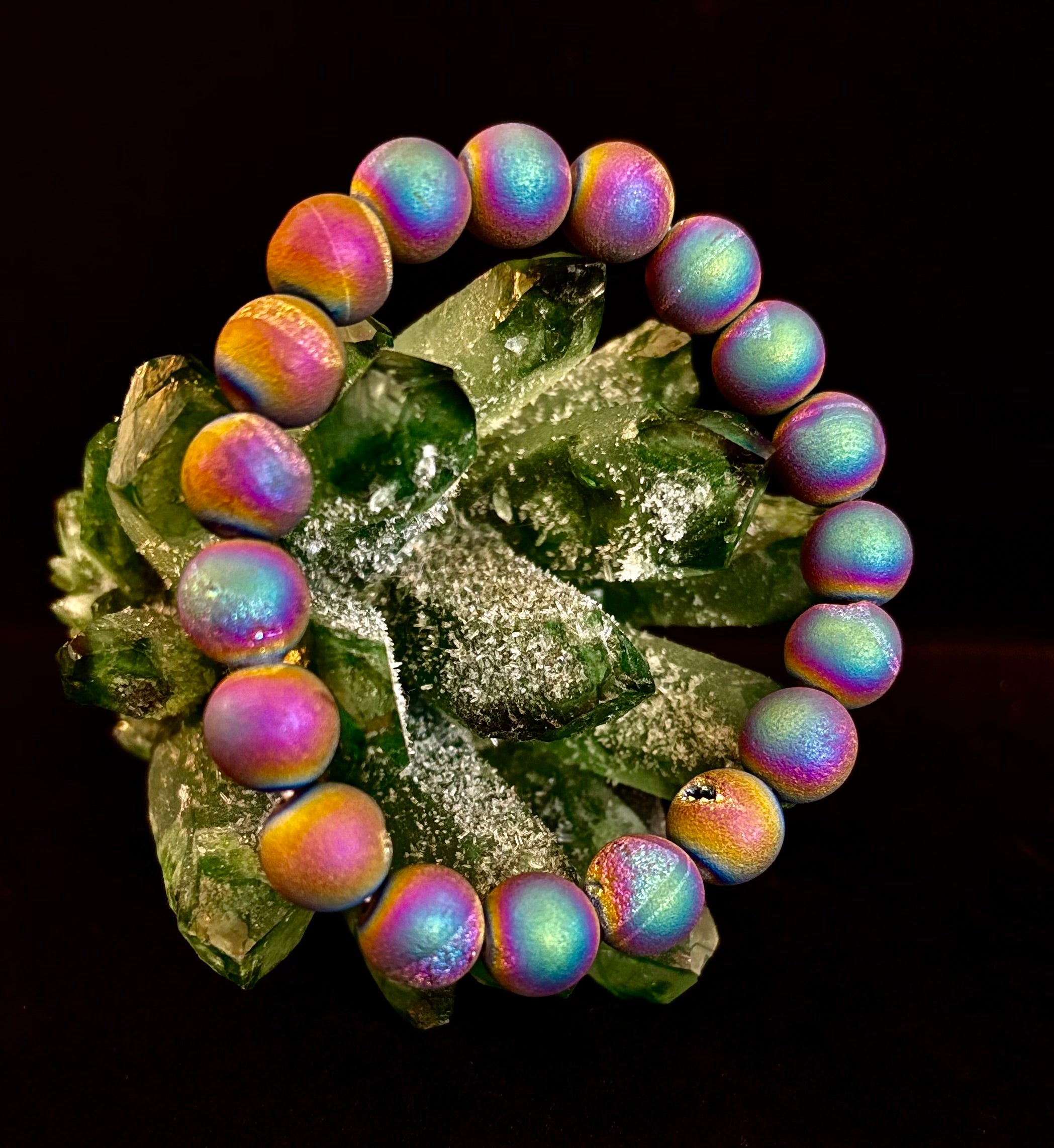 Peacock Rainbow Druzy Agate Bracelet – Titanium Coated 10mm Beads | Stretch Fit | Iridescent Statement Jewelry